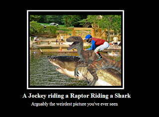 a jockey riding a raptor riding a shark