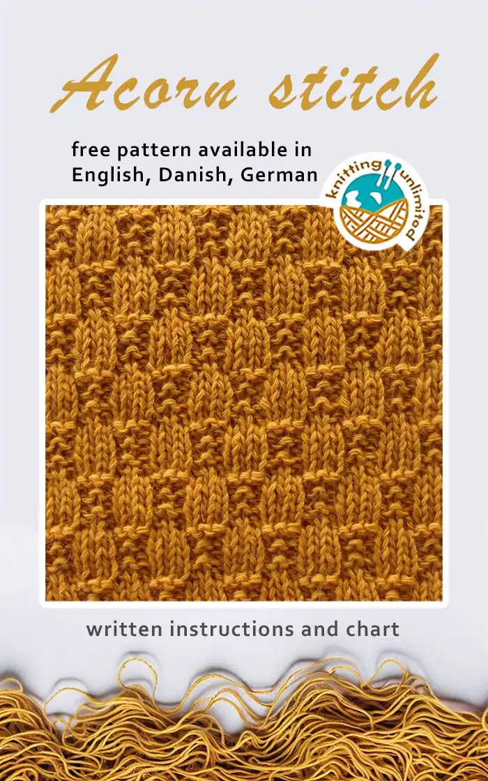 Acorn stitch pattern is offered in three languages - English, Danish, and German - and all versions are available for free.