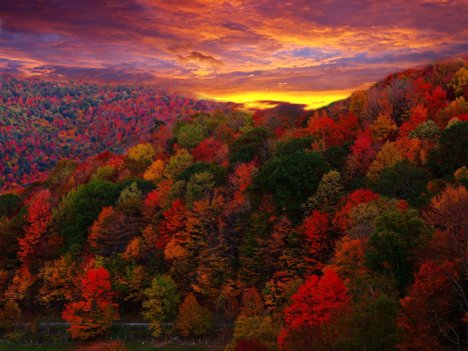 Across The Universe: Country Road Autumn Mountain Sunset