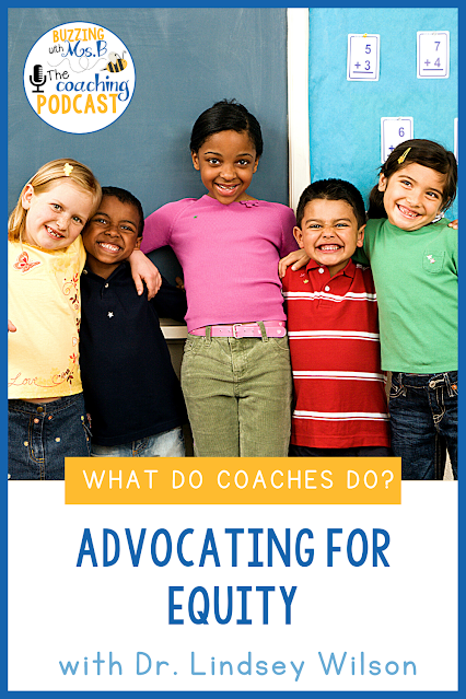 5 children standing in front of a chalk board and bulletin board with the words "What Do Coaches Do? Advocating for Equity with Dr. Lindsey Wilson"