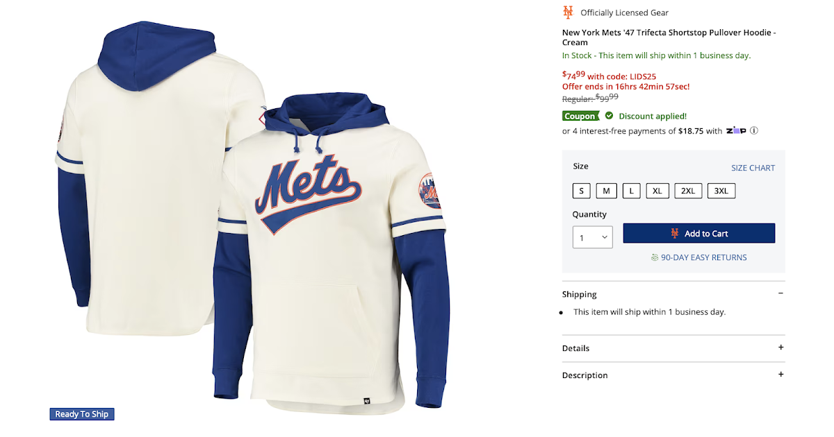  New York Mets '47 Trifecta Shortstop Pullover Hoodie -  Cream