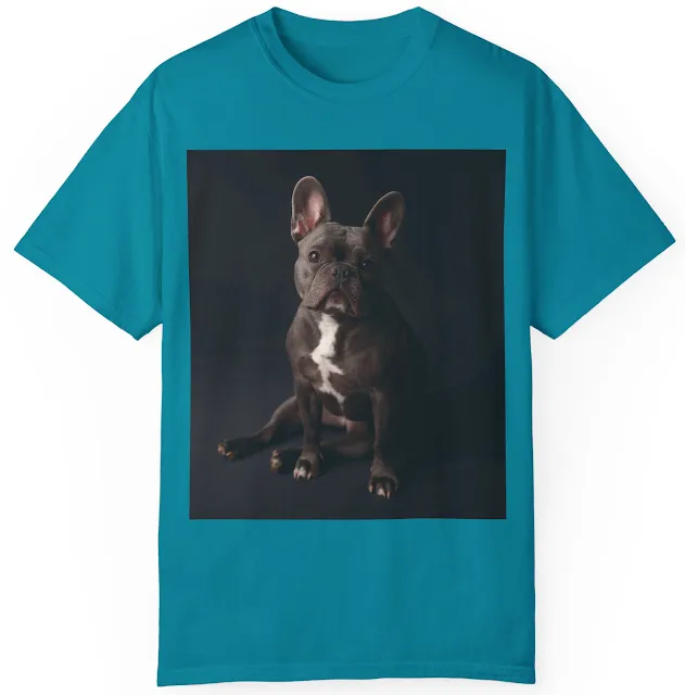 Unisex Garment Dyed Comfort Colors T-Shirt With Portrait of Black French Bulldog with White Chest in the Studio