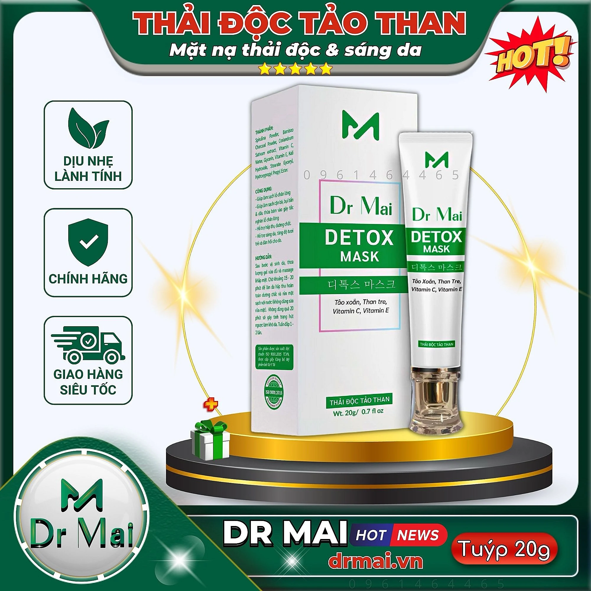 Mặt nạ tảo than Detox Mask Dr Mai giúp sáng da, hút dầu thừa