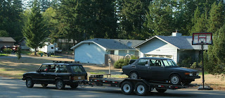 Range Rover LWB Towing our Saab 99 EMS Rally Car on a 3000lb Trailer, before Wild West Rally 2009
