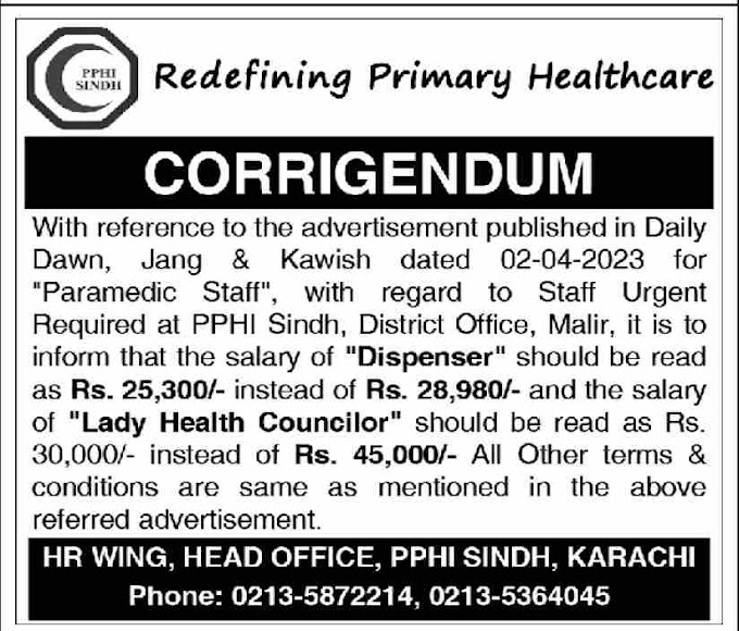 PPHI Sindh Corrigendum Jobs