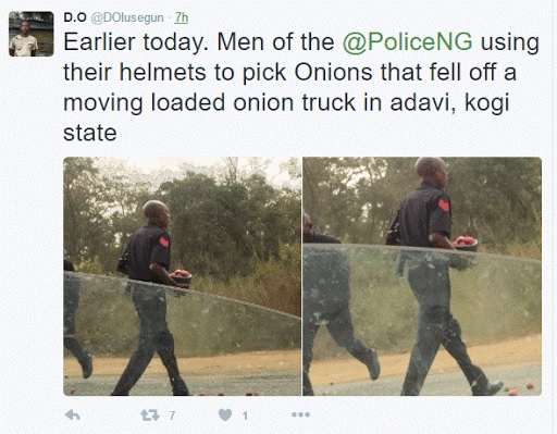 Policemen abandon duty post, fill helmets with onions from moving truck in Kogi [PHOTOS]