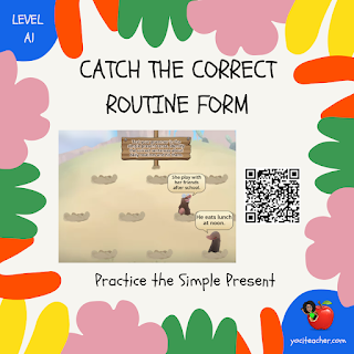 Actividad para identificar la forma correcta de rutinas en presente simple en inglés, niveles A1-A2.