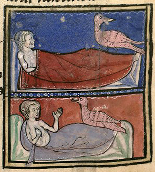Ilustraciones medievales de un enfermo ignorado por el ave y otro al que mira.