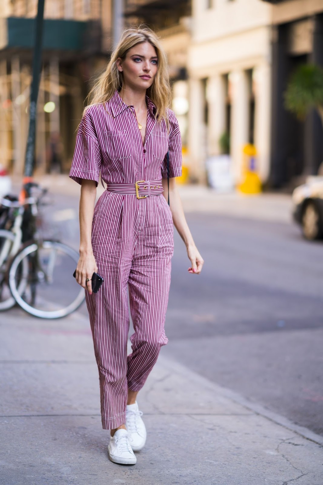 Martha Hunt Style Out in a Striped Jumpsuit Photo