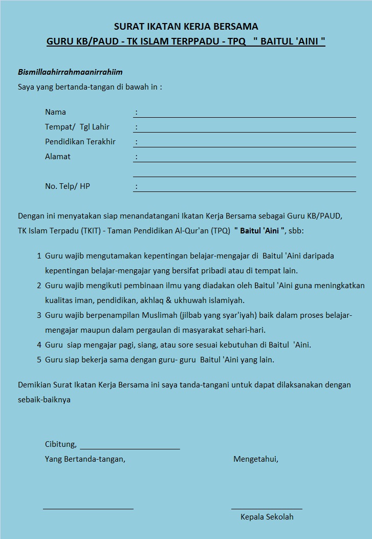 TKIT-TPQ BAITUL 'AINI: Contoh Surat Ikatan Kerja Bersama ...