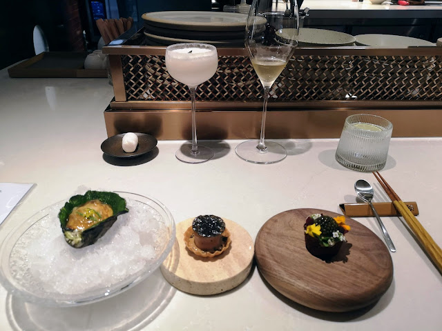 Oyster mousse, Drunken chicken, Century egg crab