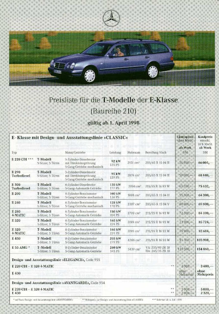 Mercedes-Benz S 210 E-Klasse T-Modell Preisliste 04/1998
