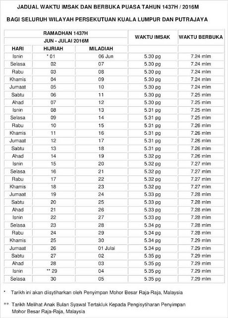 Jadual Waktu Berbuka Puasa Putrajaya dan Waktu Imsak 2016 / 1437 Hijrah