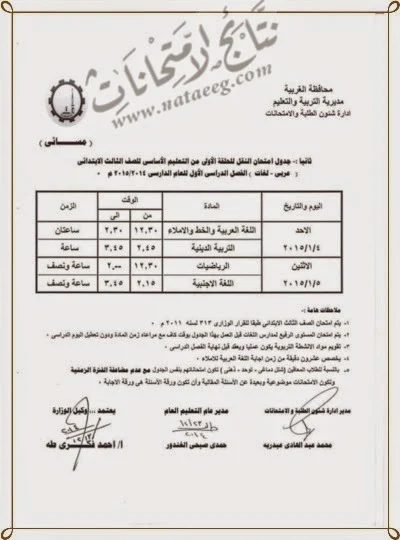الغربيه: جدول امتحانات الشهاده الابتدائيه الترم الاول 2015 بالصور - الفصل الدراسى الاول