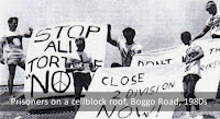 Protesting prisoners on cellblock roof, No.2 Division, Boggo Road Gaol, Brisbane, 1980s.