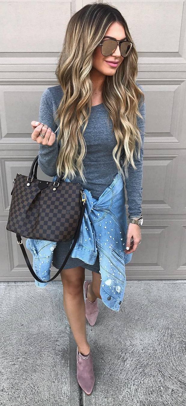 how to style a denim jacket : dress + bag + boots