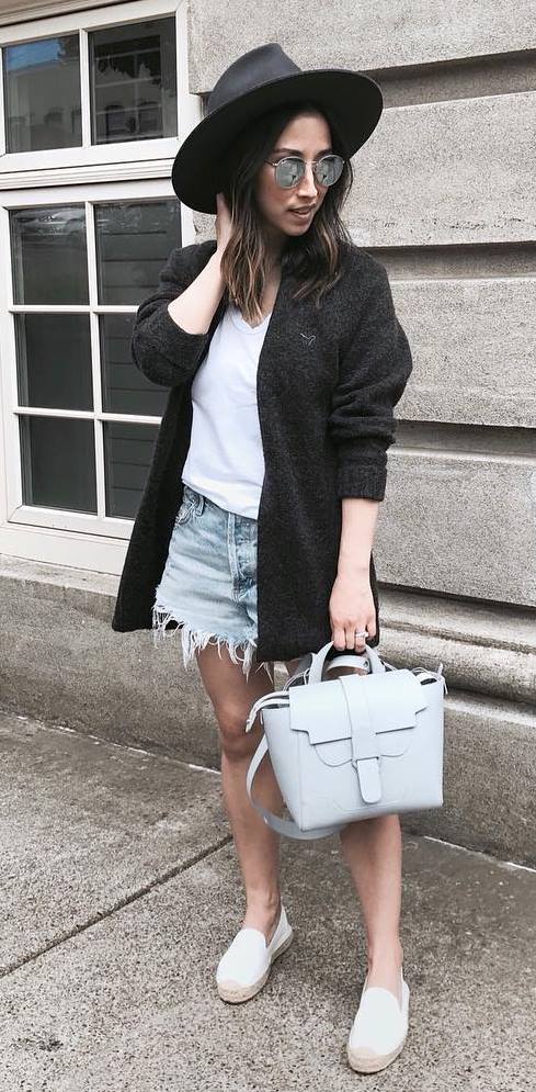 street style obsession / hat + white tee + jacket + bag + denim shorts + espadrilles