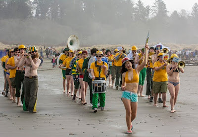 HSU Marching Lumberjacks Band on Clam Beach near Arcata, CA
