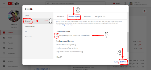 menyembunyikan subscribers youtube di dashboard terbaru