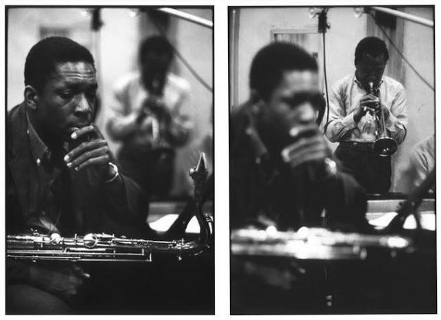 John Coltrane and Miles Davis in the studio, recording 'Kind of Blue'