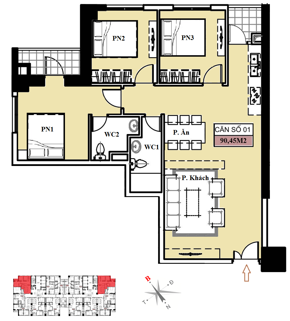 Chung cư 136 Hồ Tùng Mậu - Vinaconex7 , - Căn90,45m2