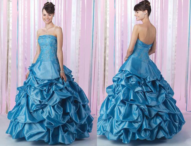 Big Blue Wedding Dresses Design With Ribbon and Pearl Beads
