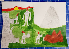 Santas mountain lair Acrylic paints over pencil artist aged 9 unfinished