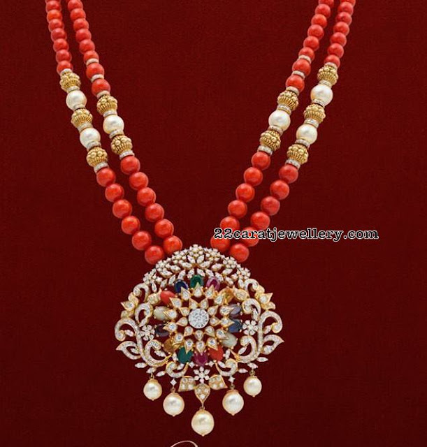 Coral Beads Long Chain Diamond Locket