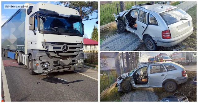 Grav accident rutier la Poiana Stampei. Un bărbat a murit și o femeie este în stare critică după un impact între un autoturism și un camion încărcat cu plăci PAL