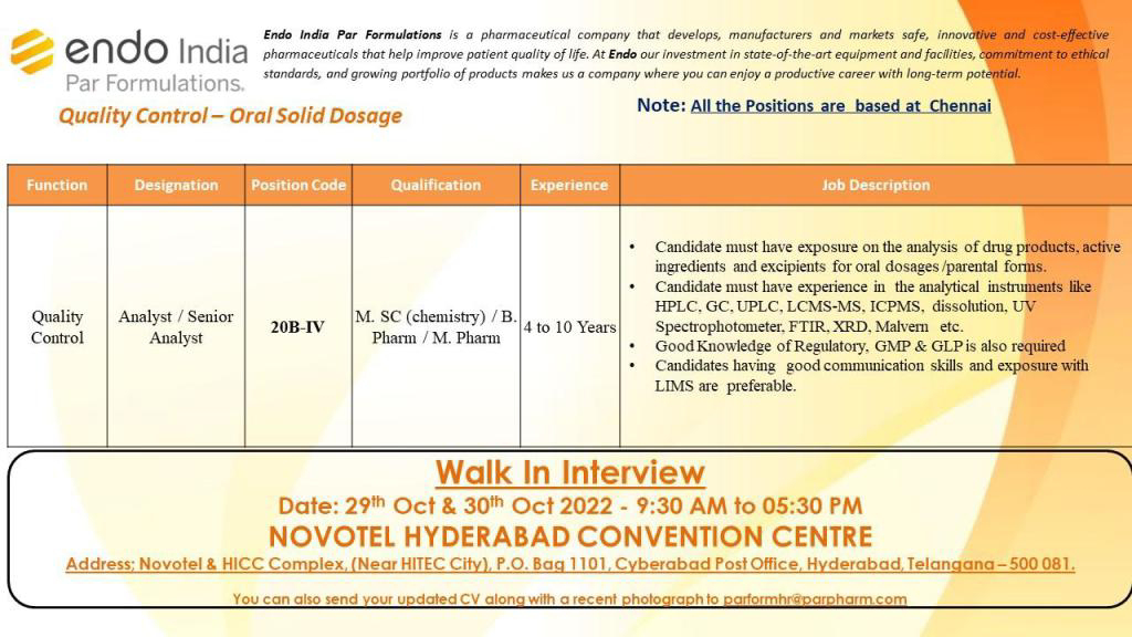 Job Availables for Endo India Par Formulations Walk-In Interview for MSc Chemistry/ B Pharm/ M Pharm