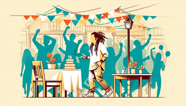 An abstract minimalistic illustration of a casual Japanese man with dreadlocks enjoying himself at a birthday party in an Indian-Nepalese restaurant. The scene should convey a lively and joyful atmosphere with abstract representations of people dancing and celebrating. The man is depicted as part of this festive scene, possibly dancing or interacting joyfully with others, reflecting his enjoyment of the moment. Include abstract elements like a small cake to symbolize the birthday celebration. The background remains sparse, using minimal shapes and colors to emphasize the cheerful and vibrant mood of the party, showcasing the theme of community and joy.