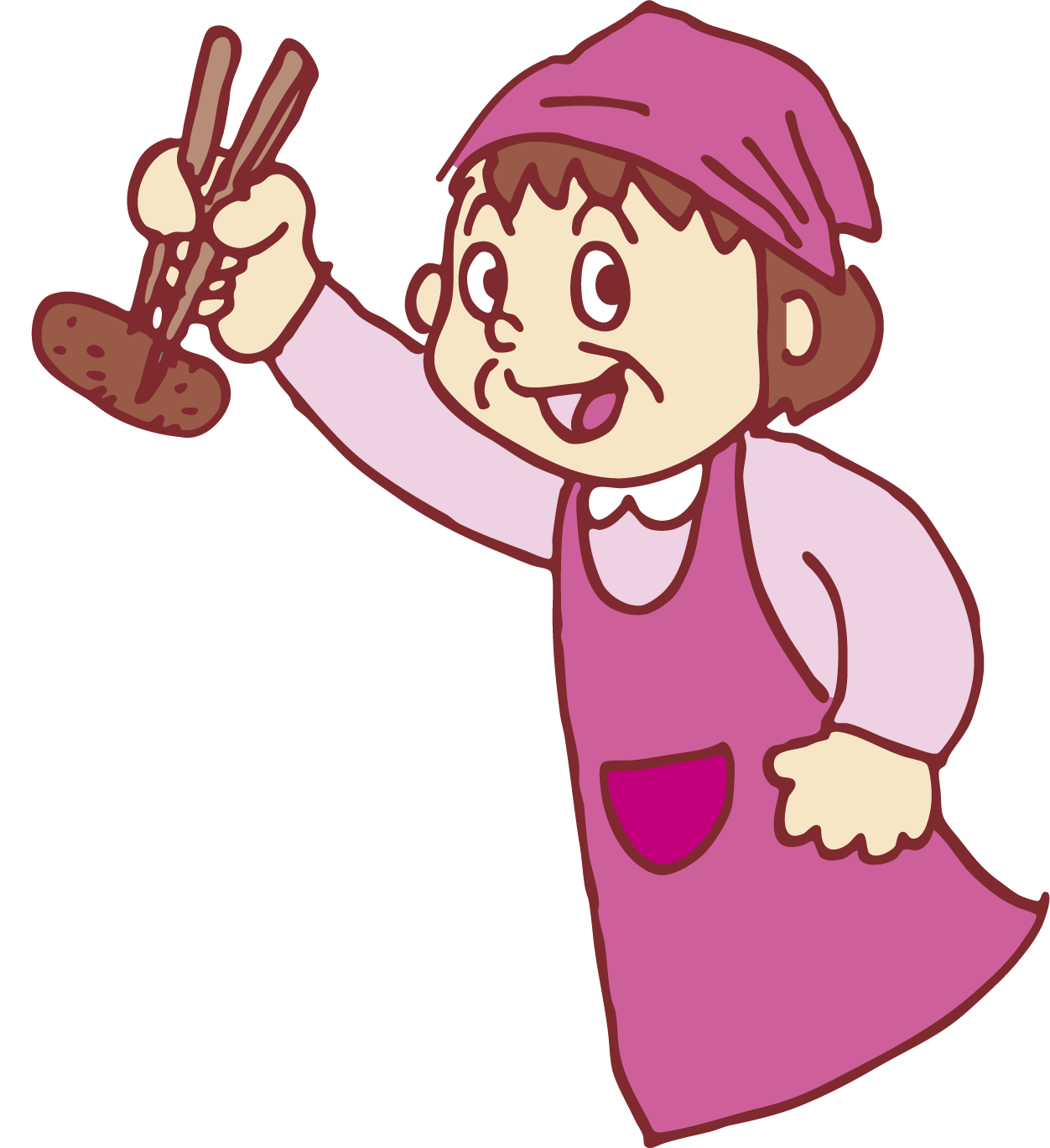 日々のイラスト つけ揚げを箸で掲げるエプロンのおばちゃんのイラスト 日々のイラスト つけ揚げを箸で掲げるエプロンのおばちゃんのイラスト