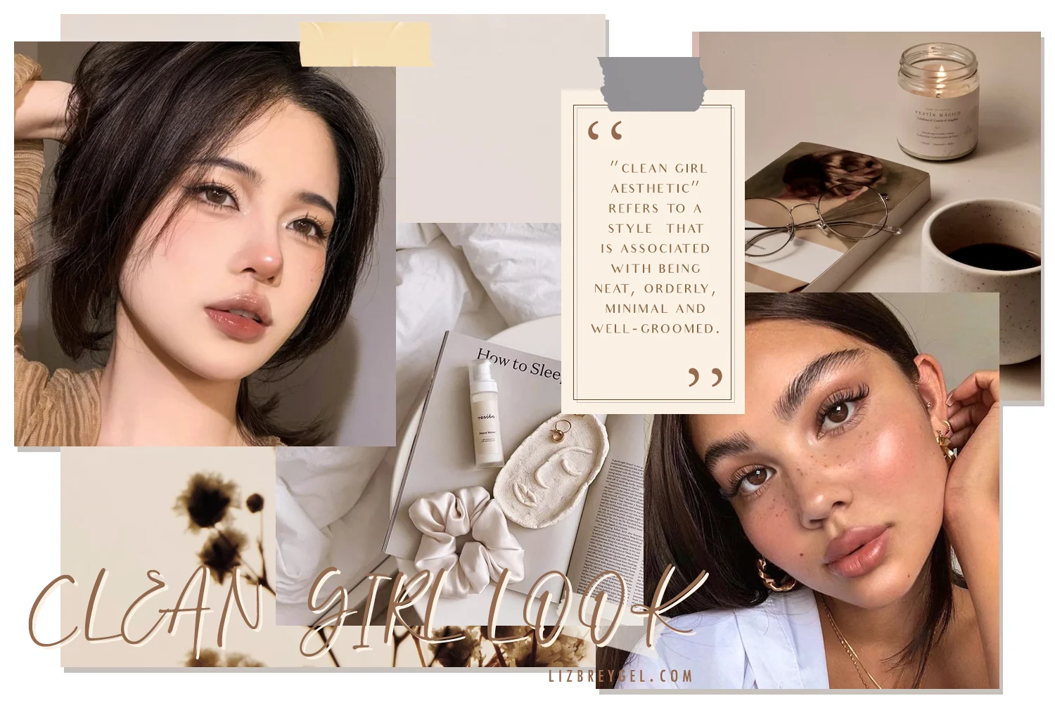 fashion collage with clean girl aesthetic things: selfie of women with clean girl look skin care flatlay shots