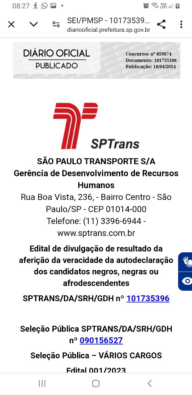 Concurso SPTRANS: divulgação de resultado da aferição da veracidade da autodeclaração dos candidatos negros, negras ou afrodescendentes