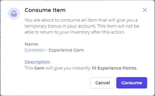 Name:  Common - Experience Gem  //  Description:  This Gem will give you instantly 10 Experience Points.