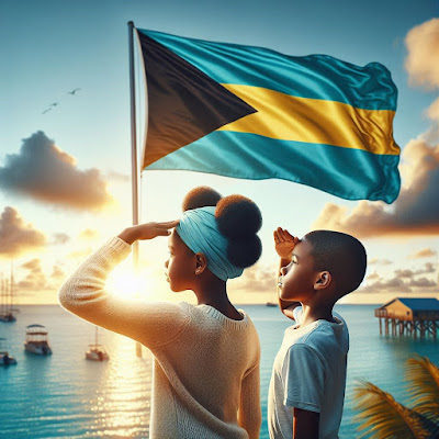 boy and girl standing on dock saluting Bahamas flag