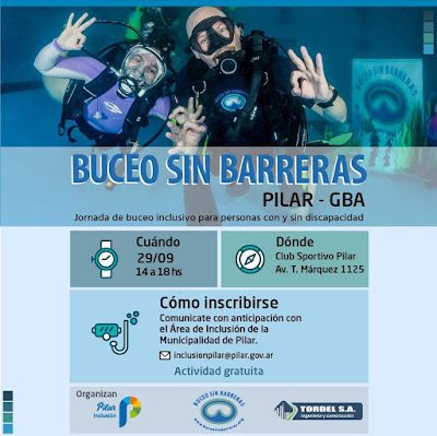 Flyer de difusipon del evento con el mismo texto de esta publicación y una imagen debajo del agua de un instructor y alumno buceando, saludando a la cámara con un gesto de OK