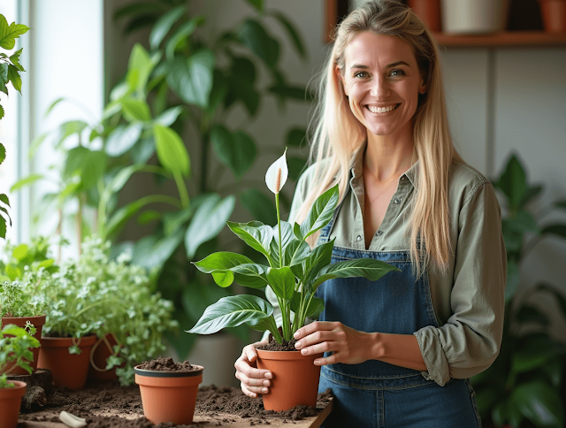 Woman in a green apron repotting a blooming peace lily plant.