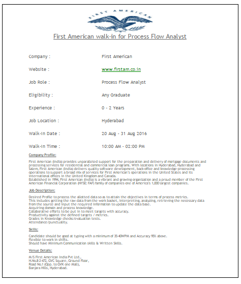 First American walkins for Process flow Analyst in Aug_image