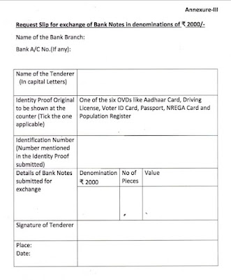 Request Slip for Exchange of 2000/- Notes @Bank