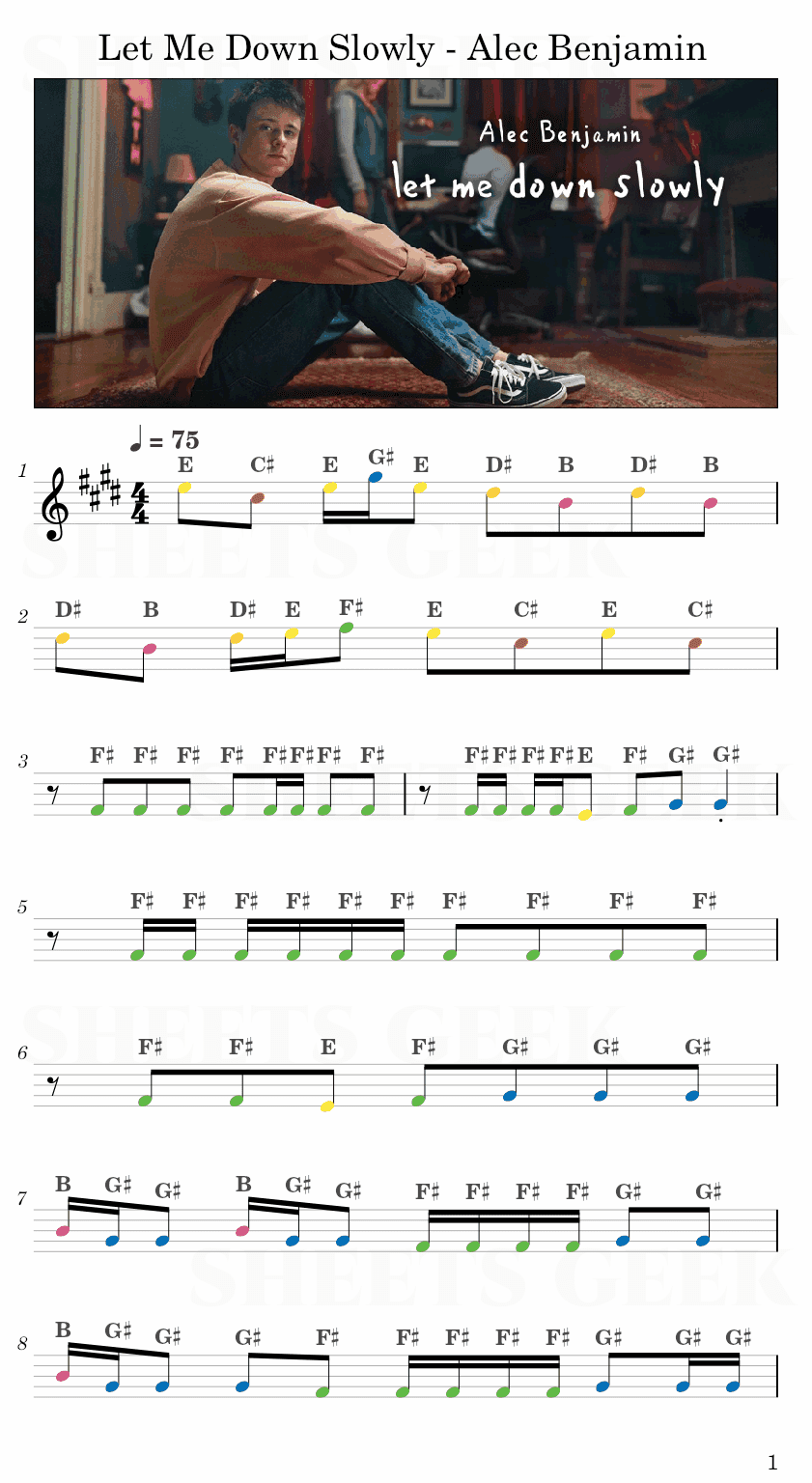 Let Me Down Slowly - Alec Benjamin Easy Sheet Music Free for piano, keyboard, flute, violin, sax, cello page 1