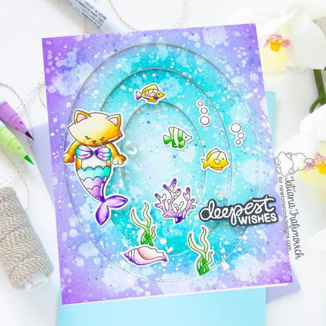 Deepest Wishes Mermaid Card by Tatiana Trafimovich | Purr-maid Newton Stamp Set, Scuba Newton Stamp Set and Oval Frames Die Set by Newton's Nook Designs #newtonsnook #handmade