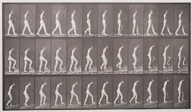 A series of photographs of a nude woman walking.