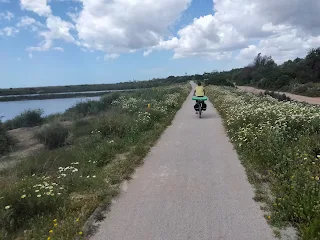 Bike lane, Am'jie is riding, flowers, a lake on the left side.