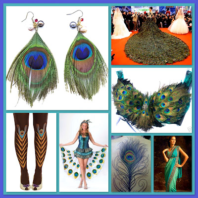 Peacock inspired earrings, wedding gown, bra, sari, tattoo, costume & tights 