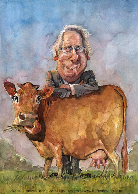 Funny and colores watercolor caricature of a man (Gérard Vandenbroucke) with a tipical fren cow of the Limusin, France.