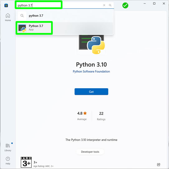 searching for python 3.7 version on microsoft store