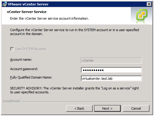 VMware vCenter Server Installer - vCenter Server Service