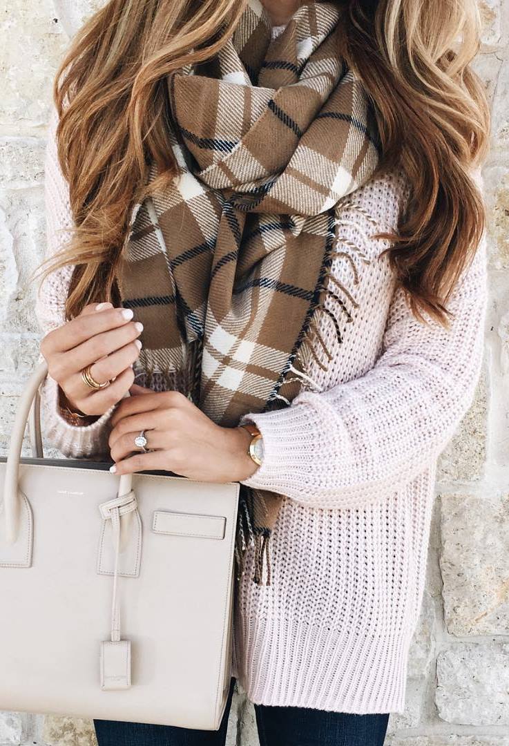 cute ootd_knit sweater + bag + plaid scarf + skinnies