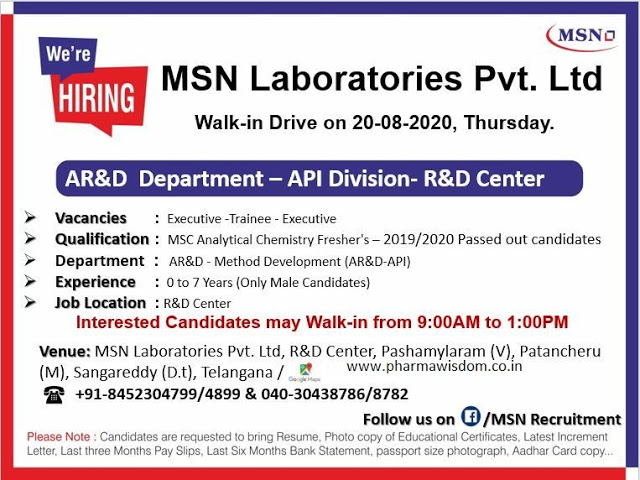 MSN Laboratories | Walk-in for Freshers & Experienced in R&D department on 20&21 Aug 2020